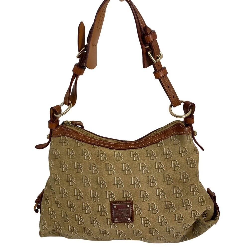 Y2K Dooney Bourke Logo Jacquard Canvas Hobo Shoulder Bag Leather Buckle Strap